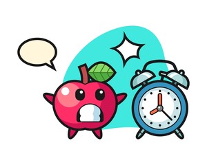 Cartoon illustration of apple is surprised with a giant alarm clock