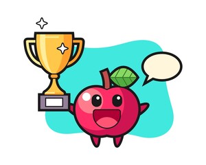 Cartoon illustration of apple is happy holding up the golden trophy
