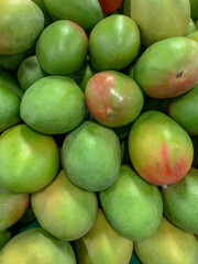 Fresh mangoes on market display.