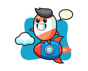 Candy mascot character riding a rocket