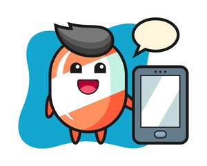 Candy illustration cartoon holding a smartphone