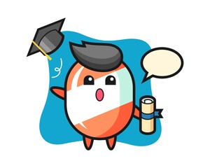 Illustration of candy cartoon throwing the hat at graduation