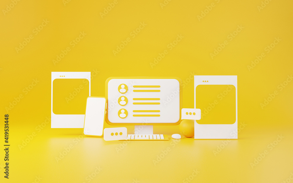 Poster smartphone and computer social media with photo frame , social communication 3d rendering