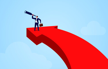 Exploring planning career development and business future, businessman holding a telescope standing at the top of the arrow and looking into the distance