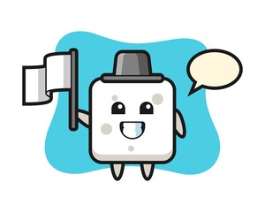 Cartoon character of sugar cube holding a flag