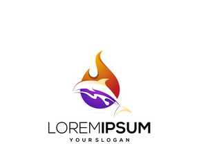 fire and fish icon logo design template