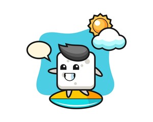 Illustration of sugar cube cartoon do surfing on the beach