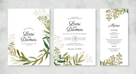 Fototapeta na wymiar Beautiful wedding invitation template with hand painted watercolor foliage