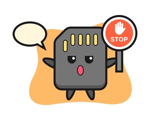 SD card character illustration holding a stop sign