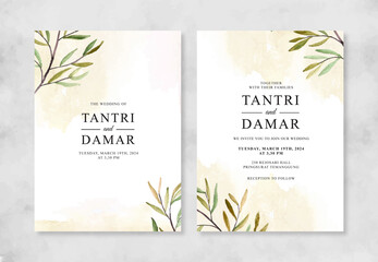 Elegant wedding invitation template with watercolor foliage
