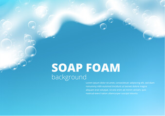 Beautiful blue background with realistic Soap foam with bubbles. Shampoo bubbles texture. Shiny washing hygiene detergent. Designed text. Vector illustration