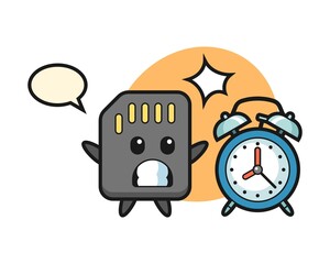 Cartoon Illustration of SD card is surprised with a giant alarm clock