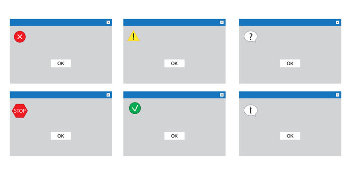 Windows Computer Error Set In Retro Style. Computer Screen. Vector Template. Digital User Interface. Stock Image. EPS 10.