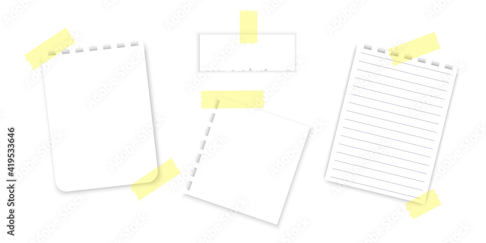 Poster realistic sheets on yellow tape. notebook paper. realistic vector. stock image. eps 10.