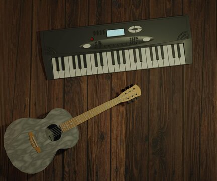 Music On Wooden Background With Keyboard And Acoustic Guitar 3d Render