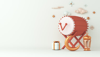 Islamic decoration background with bedug drum, lantern and crescent, gift box, ramadan kareem, mawlid, iftar, isra  miraj, eid al fitr adha, muharram, copy space text area, 3D illustration.