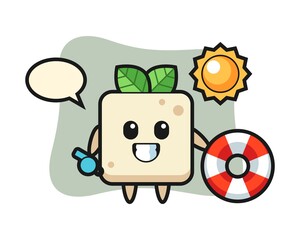 Cartoon mascot of tofu as a beach guard