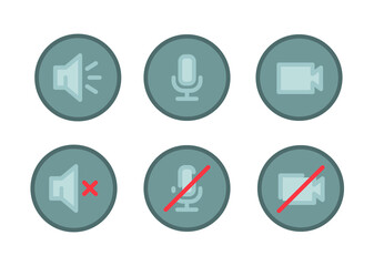 Speaker, Mic and Video Camera icon set. Simple filled outline style for Video Conference, Webinar and Video chat. Microphone, audio, sound, mute, off concept. Vector illustration isolated. EPS 10.