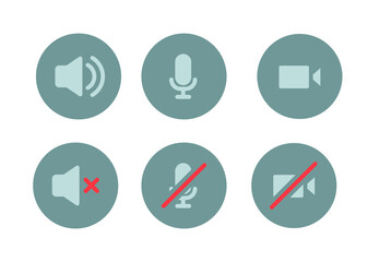 Speaker, Mic and Video Camera icon set. Simple flat style for Video Conference, Webinar and Video chat. Microphone, audio, sound, mute, off concept. Vector illustration isolated. EPS 10.