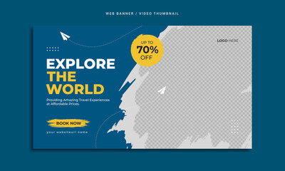 Professional travel agency web banner or video thumbnail template design. Travelling business promotion banner with agency logo and icon. Online digital marketing video cover for summer beach holiday.
