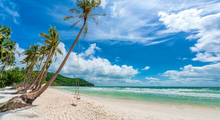 Seascape with tropical palms on beautiful Sao sandy beach in Phu Quoc island, Vietnam - obrazy, fototapety, plakaty