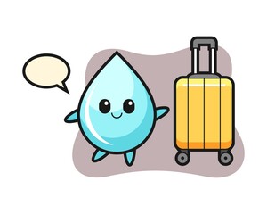Water drop cartoon illustration with luggage on vacation