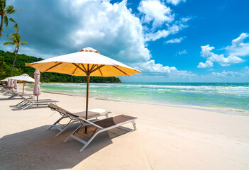Sunbeds under tropical palms on beach on Phu Quoc island, Vietnam. Beach's smile