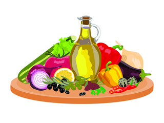 Still life of vegetables with olive oil, lemon, and zucchini. Vegetarian diet olives , tomatoes, lettuce, pepper, garlic, bell pepper, onion, eggplant, herbs of Provence. Painting Mediterranean kitche