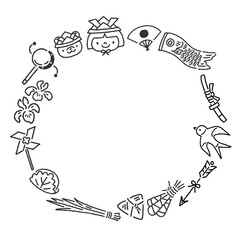 こどもの日のかわいい白黒イラストフレーム