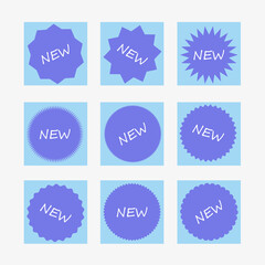 Set of stickers for new information. Sign with the inscription New. Square, circle, blue. Advertising of goods in an online store or web news. Label for an advertising poster or banner. Vector