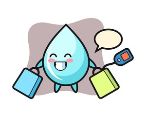 Water drop mascot cartoon holding a shopping bag