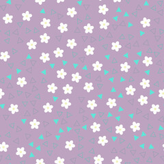 Seamless floral geometric pattern. White chamomile or daisy and triangles. Trendy green and purple. Seamless pattern for printing, textile and fabric, wrapping paper, packaging. Vector. 