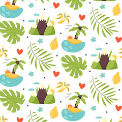 Seamless pattern island, mountains, tropical leaves, banana, lemon. Summer exotic background of digital paper. Vector cartoon flat illustration