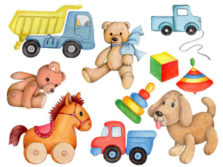 Watercolo illustration of cute teddy bears, trucks, cubes, horse, puppy, house, baby toys. Isolated on white background, hand drawn.