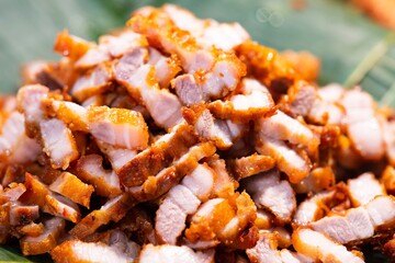 Close up of Deep fried pork belly, thai street food market