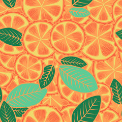 Lime, Grapefruit, Orange tree bold vector drawn ink painting fruit garden leaves illustration in orange color.