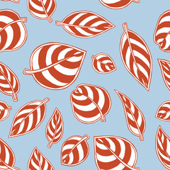 Decorative seamless pattern with red striped flat leaves on blue background. For fabric, wallpaper, wrapping paper, pattern fills, textile, web textures.