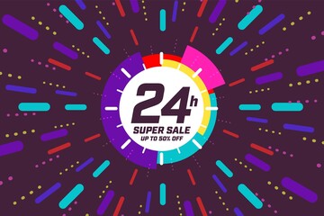 24 hour clock arrow template super sale up to 50 percent off. Special limited time offer banner with stopwatch design and light ray burst effect vector illustration isolated on purple background