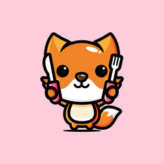 cartoon cute fox animal vector design holding a fork and spoon