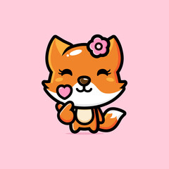 Vector design of cute female fox cartoon animal with korean love finger