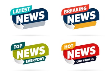 Broadcast news info label set template for television media. Latest, hot breaking news, everyday top only from us lettering badge for TV channel, video blog, entertaining show vector illustration