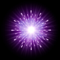 Purple burst with sparkle rays and lens flare effect. Glowing stars. Purple glitter bokeh lights and burst of magical dust particles. Vector illustration.