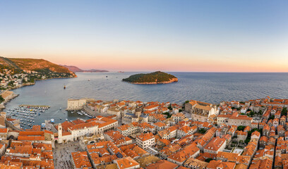 Aerial drone shot of Otok Lokrum in Dubrovnik in Croatia summer sunset golden hour