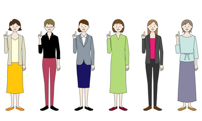 Illustration set of a woman pointing her finger with a smile (white background, vector, cut out)