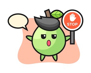 Guava character illustration holding a stop sign