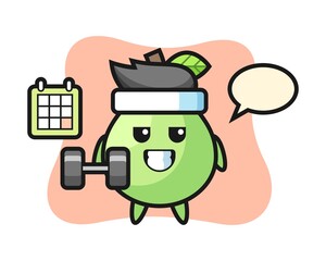 Guava mascot cartoon doing fitness with dumbbell