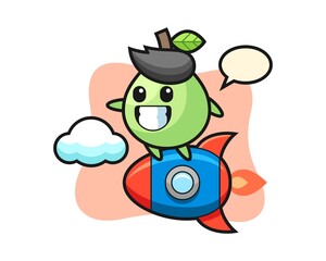 Guava mascot character riding a rocket