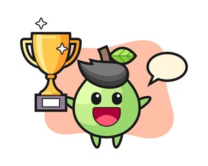 Cartoon illustration of guava is happy holding up the golden trophy