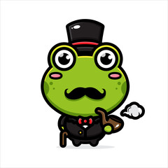 Vector design of cute Mr Frog cartoon animal wearing a coat and hat smoking a cigar