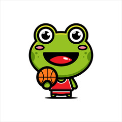 Vector design of cute cartoon frog animal to be a basketball player
